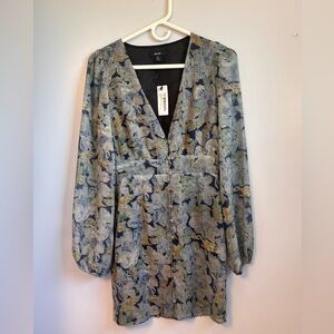Nasty Gal Blue & Green Floral Chiffon Long Sleeve Faux-Wrap Mini Dress. Sz 6